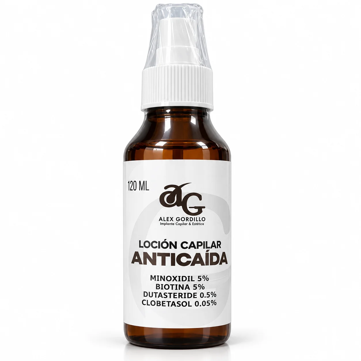 Loción capilar anticaída | Minoxidil 5% + Biotina 5% + Dutasteride 0.5% + Clobetazol 0.05% | 120ml